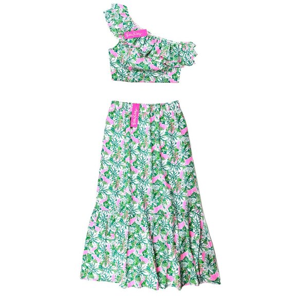 Lilly Pulitzer Kasida Ruffle 2-piece Set in Botanical Green Just Wing It - Picture 2 of 8